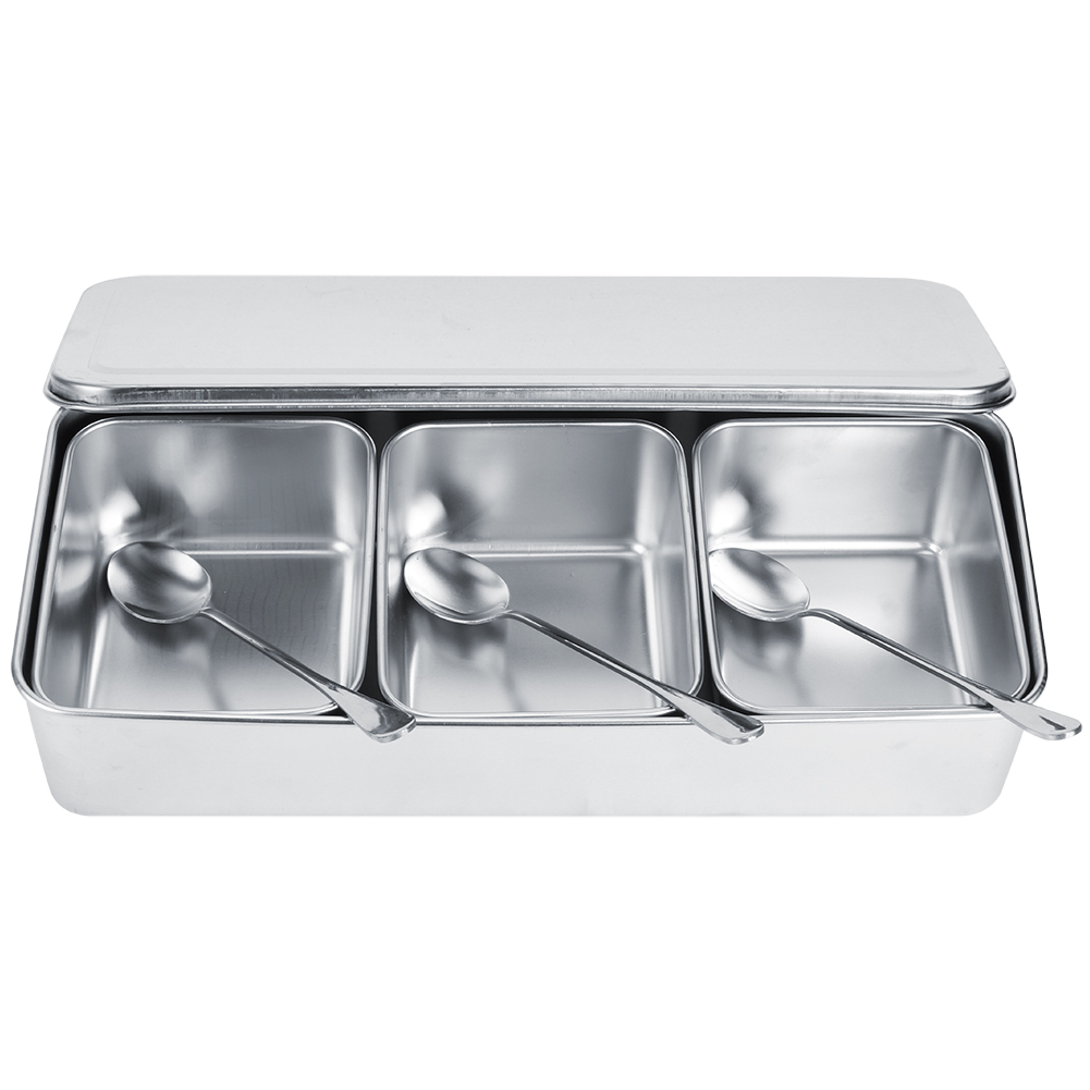 Commercial Kitchen Utensils - Household 3‑Grid Stainless Steel Seasoning Box